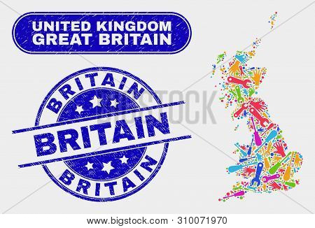 Tools Great Britain Map And Blue Britain Textured Seal Stamp. Colored Vector Great Britain Map Mosai