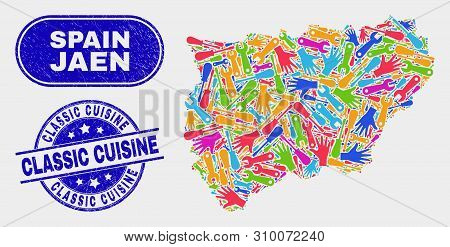 Assembly Jaen Spanish Province Map And Blue Classic Cuisine Distress Seal Stamp. Colored Vector Jaen