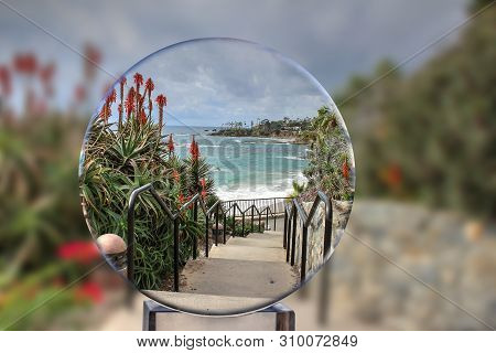 Red Hot Poker Flowers Bloom On Plants Leading Down The Stairs To The Ocean Through A Crystal Ball At