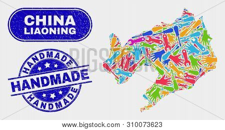 Service Liaoning Province Map And Blue Handmade Textured Stamp. Colorful Vector Liaoning Province Ma