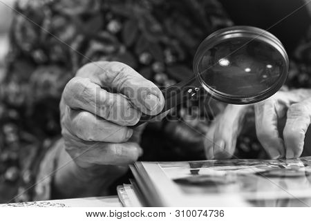 Evening Leisure Lady. An Old Grandmother Reads A Book With A Strong Magnifying Glass With A Pen. Bla