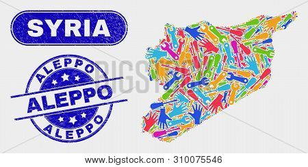 Component Syria Map And Blue Aleppo Textured Seal. Colorful Vector Syria Map Mosaic Of Mechanic Unit