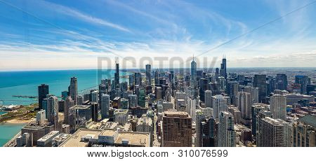 Chicago City Skyscrapers Panorama, Blue Sky Background. Skydeck Observation