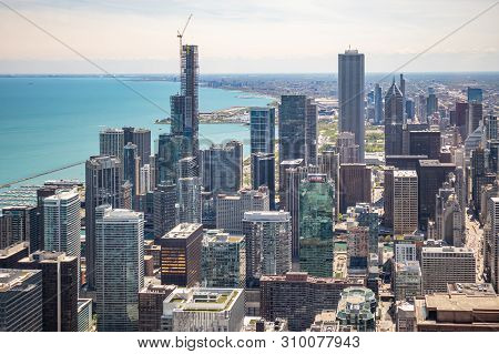 Chicago City Skyscrapers Aerial View, Blue Sky Background. Skydeck Observation