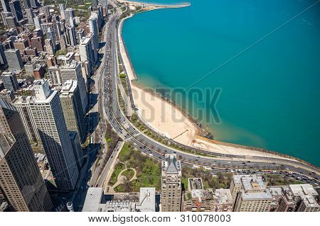 Chicago City Skyscrapers Aerial View, Blue Sky Background. Skydeck Observation