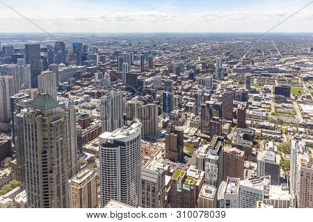 Chicago City Skyscrapers Aerial View, Blue Cloudy Sky Background. Skydeck Observation