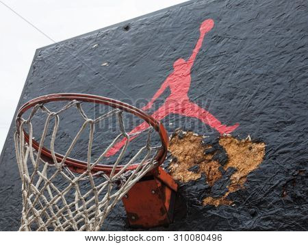 Kyiv, Ukraine -  April 21, 2016: Jumpman Logo By Nike Painted On The Black Backboard Of The Old Bask