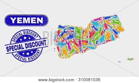 Component Yemen Map And Blue Special Discount Distress Stamp. Colorful Vector Yemen Map Mosaic Of In