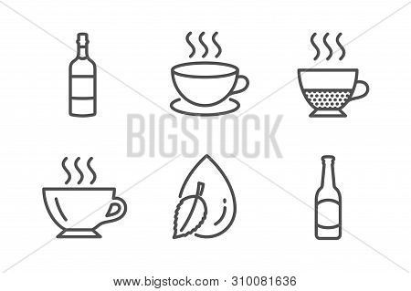 Doppio, Brandy Bottle And Cappuccino Icons Simple Set. Coffee, Water Drop And Beer Signs. Coffee Dri