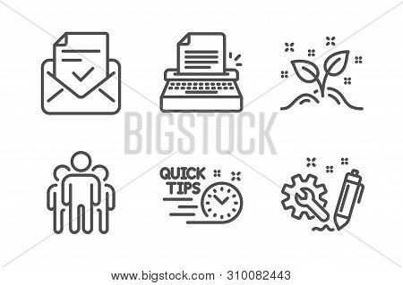 Approved Mail, Typewriter And Group Icons Simple Set. Startup Concept, Quick Tips And Engineering Si