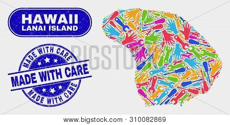 Tools Lanai Island Map And Blue Made With Care Textured Seal. Bright Vector Lanai Island Map Mosaic 