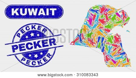 Tools Kuwait Map And Blue Pecker Distress Seal. Colored Vector Kuwait Map Mosaic Of Mechanics Elemen