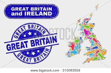 Component Great Britain And Ireland Map And Blue Great Britain Distress Seal Stamp. Colored Vector G