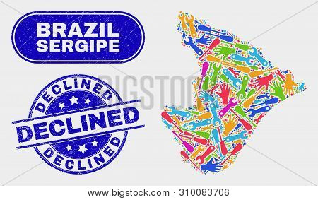 Factory Sergipe State Map And Blue Declined Distress Seal. Colored Vector Sergipe State Map Mosaic O