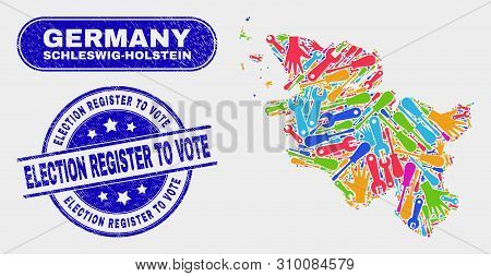 Production Schleswig-holstein Land Map And Blue Election Register To Vote Scratched Seal Stamp. Colo