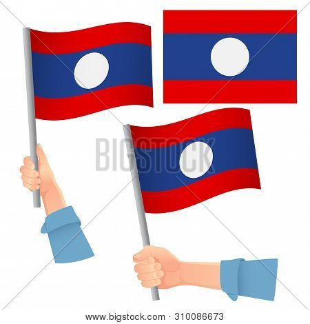 Laos Flag In Hand. Patriotic Background. National Flag Of Laos Vector Illustration
