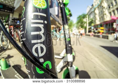 Vienna Austria June.12 2019 : Lime-s Electric Scooter Of The Company Lime In The Street In Vienna Au