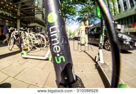 Vienna Austria June.12 2019 : Lime-s Electric Scooter Of The Company Lime In The Street In Vienna Au