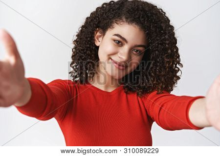Close-up Tender Young Caring Girlfriend Dark Curly Hairstyle Stretch Hands Towards Camera Hold You W
