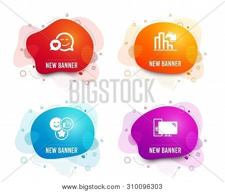 Liquid Badges. Set Of Dating, Like And Decreasing Graph Icons. Computer Sign. Love Messenger, Social