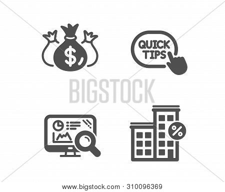 Set Of Check Investment, Seo Analytics And Quick Tips Icons. Loan House Sign. Business Report, Stati