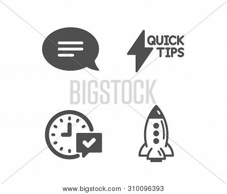 Set Of Quickstart Guide, Select Alarm And Chat Icons. Rocket Sign. Lightning Symbol, Time Symbol, Sp