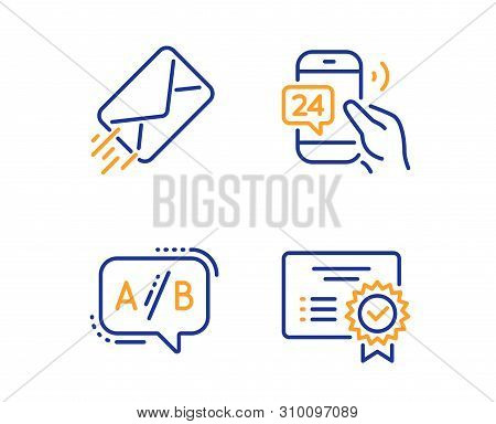 24h Service, E-mail And Ab Testing Icons Simple Set. Certificate Sign. Call Support, Mail Delivery, 