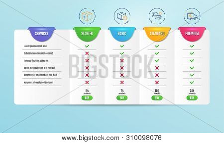 Delivery Timer, Package And Airplane Travel Icons Simple Set. Comparison Table. Car Service Sign. Ex
