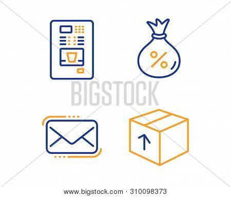 Loan, Coffee Vending And Messenger Mail Icons Simple Set. Package Sign. Money Bag, Coffee Vending Ma