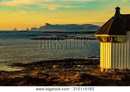 Seascape With Old Lighthouse, Rest Stop Location On Andoya Island. Scenic Rocky Coastline, Vesterale