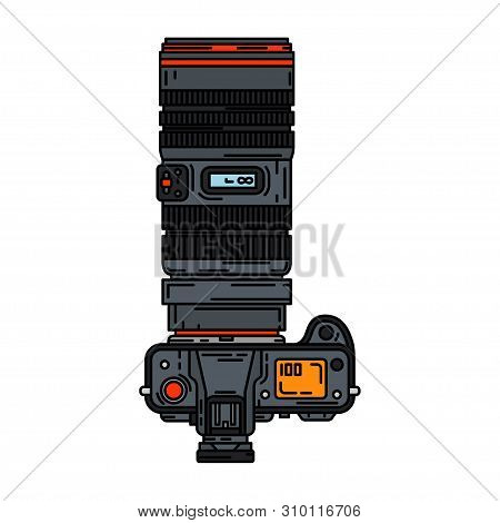Color Vector Icon With Digital Slr Professional Camera. Photography Art. Megapixel Photocamera. Cart