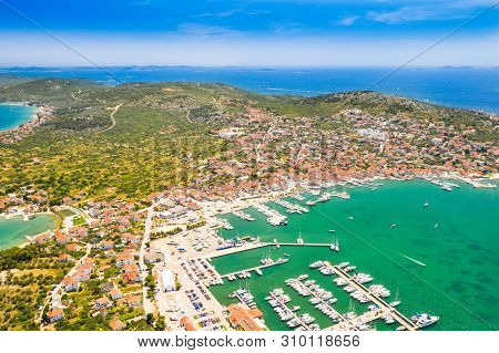 Beautiful Croatian Coast, Murter Island Archipelago And Town Of Murter From Air, Dalmatia Croatia