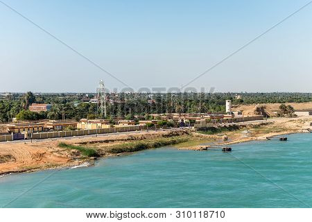 Suez, Egypt - November 5, 2017: Military Post And Telecommunication Tower On The Shore Of The Suez C