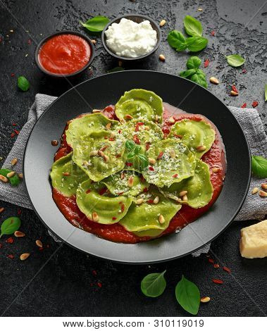 Italian Ravioli Pasta Stuffed With Basil Pesto, Creamy Ricotta And Crunchy Pine Nuts. Healthy Vegeta