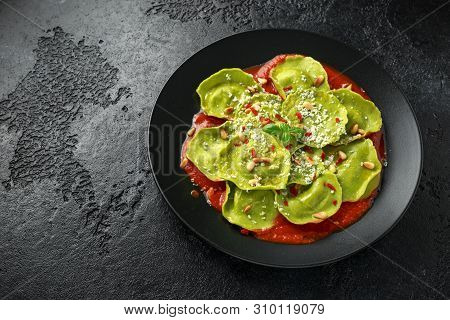 Italian Ravioli Pasta Stuffed With Basil Pesto, Creamy Ricotta And Crunchy Pine Nuts. Healthy Vegeta