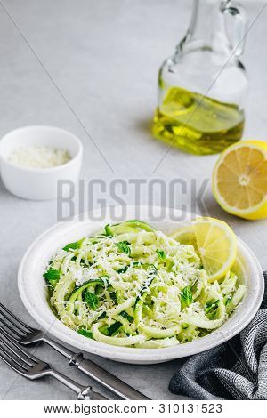 Green Vegetarian Pasta. Spiralized Zucchini Noodles With Mint, Lemon And Parmesan Cheese
