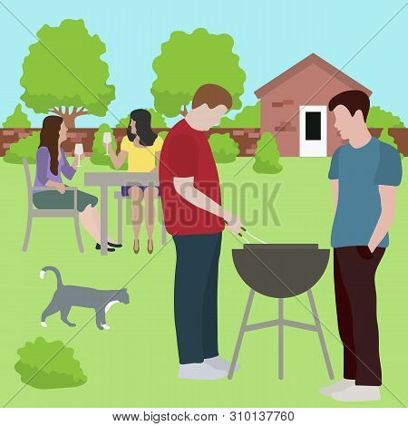 Vector Illustration With People Having Bbq Party In The Backyard. Bbq Party Background. Family, Frie