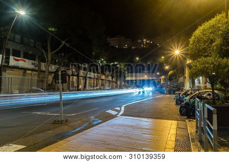 Monaco-ville, Monaco - June 2, 2019: Boulevard Albert 1er Monaco At Night At Monte Carlo.