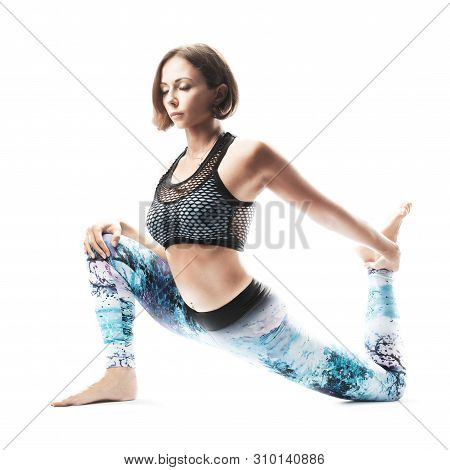 Beautiful Young Woman Practicing Yoga On White Background. Inspirational Mood, Complex Asana, Embrac