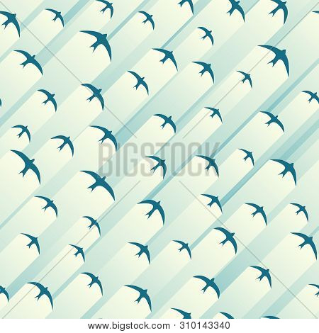 Seamless Blue Abstract Background Of Martlets (swallow) With Stripes Of Light Behind.