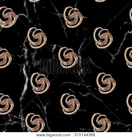 Glamour Marble Texture, Seamless Pattern Design With Golden Abstract Elements, Black Marbling, Sand 