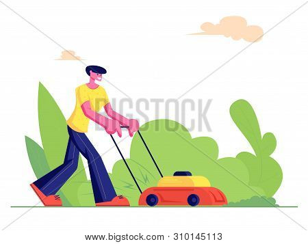 Man Gardener Cutting Green Grass With Lawn Mower, Farmer Mowing Garden Backyard, Gardening Work, Ser