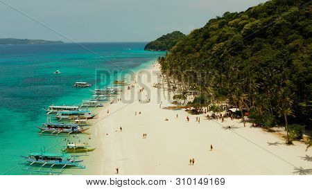 Sandy Beach And Turquoise Water In The Tropical Resort Of Boracay, Puka Shell Beach, Philippines Aer