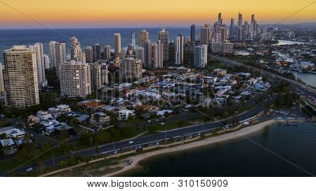 Gold Coast, Australia - May 5 2019: Aerial Reverse Sunset Views Looking Towards Surfers Paradise.