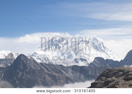 Scenic View Of Mount Everest 8,848 M And Lhotse 8,516 M At Renjo La Pass During Everest Base Camp Tr