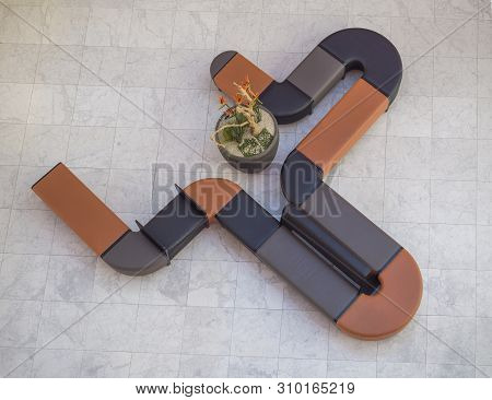 Top View Of Curved Black And Orange Leather Couch Seating And Flower Pot In Modern Office Hall With 