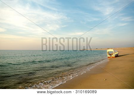 Shivrajpur Beach Near Dwarka Gujarat India At Dusk With Bue Arabian Sea