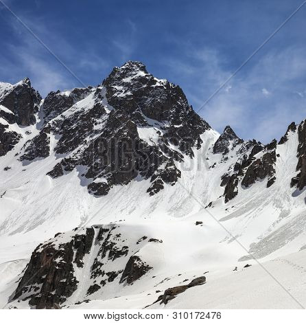 Snowy Sunlight Rocks With Traces From Avalanches In Sunny Spring Day. Turkey, Kachkar Mountains, Hig