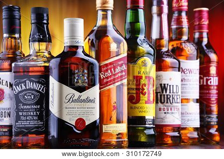Bottles Of Several Global Whiskey Brands