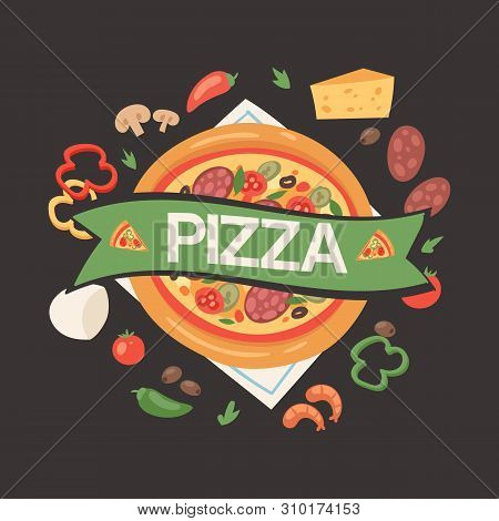 Pizza House With Ingredients Banner, Poster Vector Illustration. Premium Food With Sausages, Cheese,